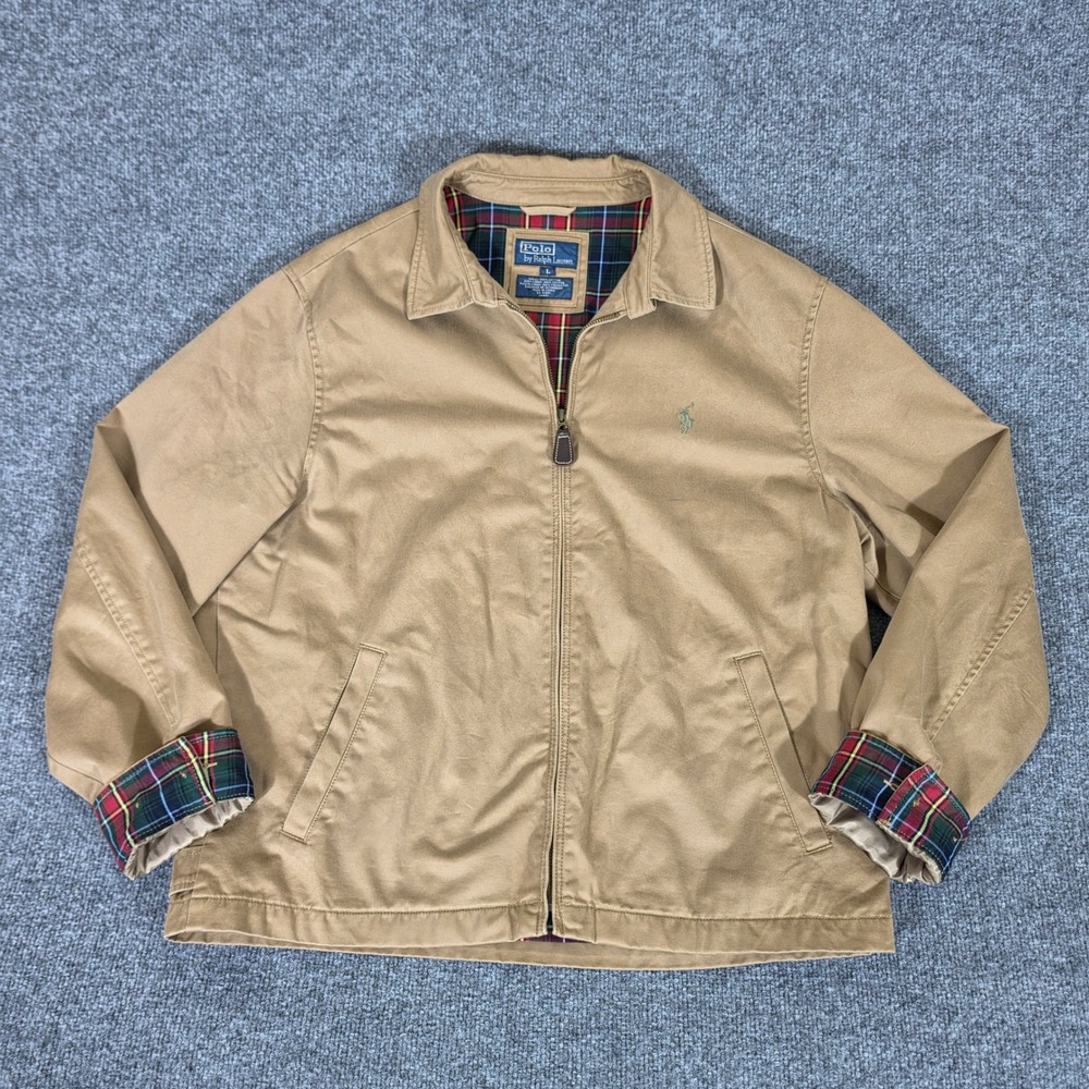 Polo Ralph Lauren Mens Tan Harrington Jacket Plaid Lining Size Large Old Money